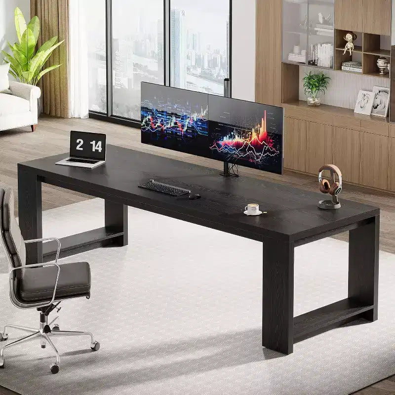 Bureau Lantine deux personnes, bureau extra long de 86,6 pouces, double table d'écriture d'ordinateur, bureaux de travail en bois pour bureau à domicile, noir