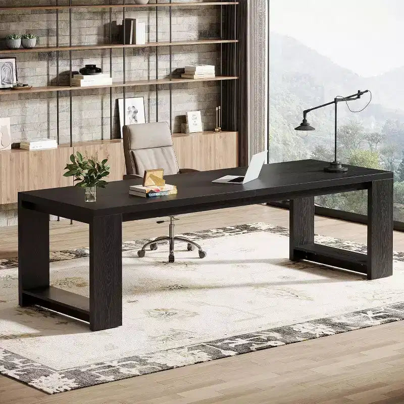 Bureau Lantine deux personnes, bureau extra long de 86,6 pouces, double table d'écriture d'ordinateur, bureaux de travail en bois pour bureau à domicile, noir