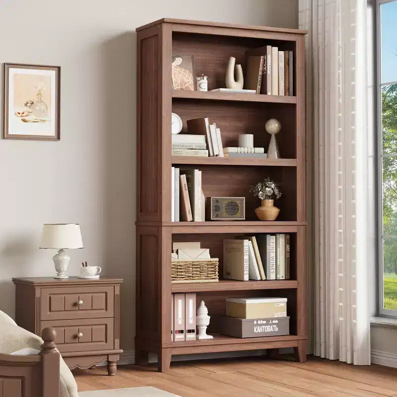 Bibliothèque de style ferme avec étagères réglables et largeur de 80 cm, bibliothèque haute à 5 niveaux avec pieds en bois, étagère à livres rustique vintage pour salon et bureau