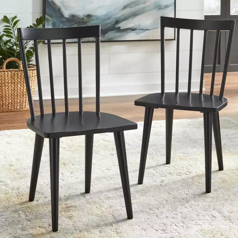 Lot de 2 chaises de salle à manger Windsor de style rustique – Bois d'hévéa massif, noir mat, capacité de 102 kg