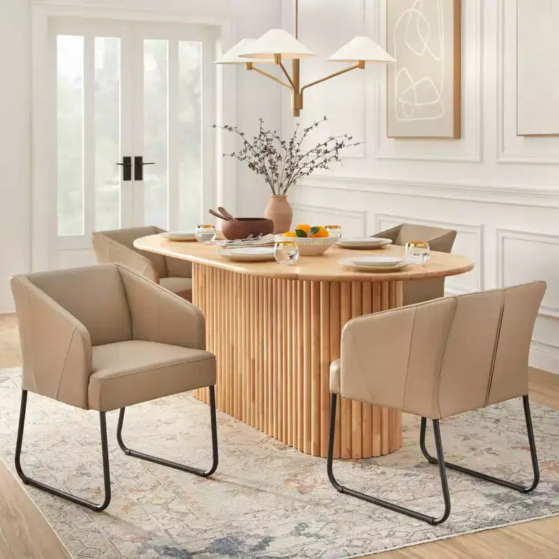 Ensemble de salle à manger ovale 5 pièces – Table en bois d'hévéa 199 cm (L) + 4 fauteuils en cuir, 6 places, Naturel/Kaki