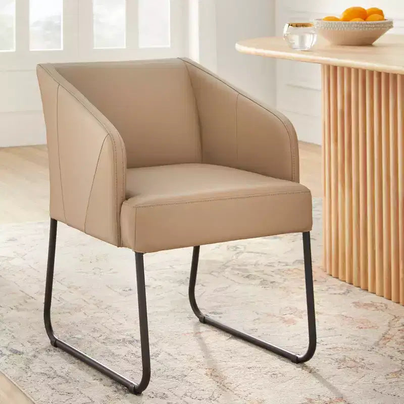 Ensemble de salle à manger ovale 5 pièces – Table en bois d'hévéa 199 cm (L) + 4 fauteuils en cuir, 6 places, Naturel/Kaki