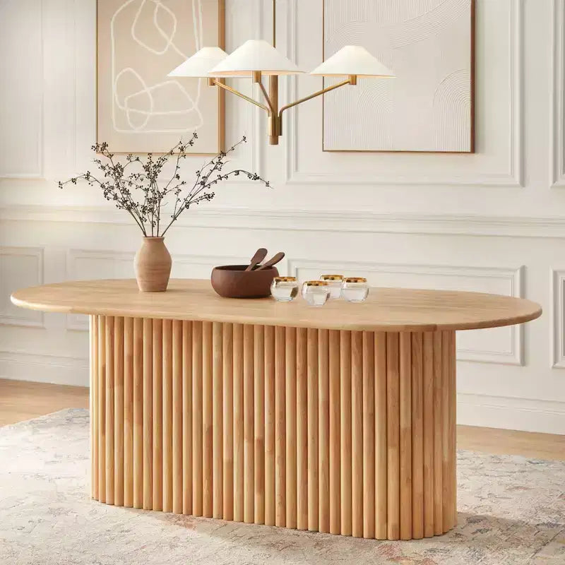 Ensemble de salle à manger ovale 5 pièces – Table en bois d'hévéa 199 cm (L) + 4 fauteuils en cuir, 6 places, Naturel/Kaki